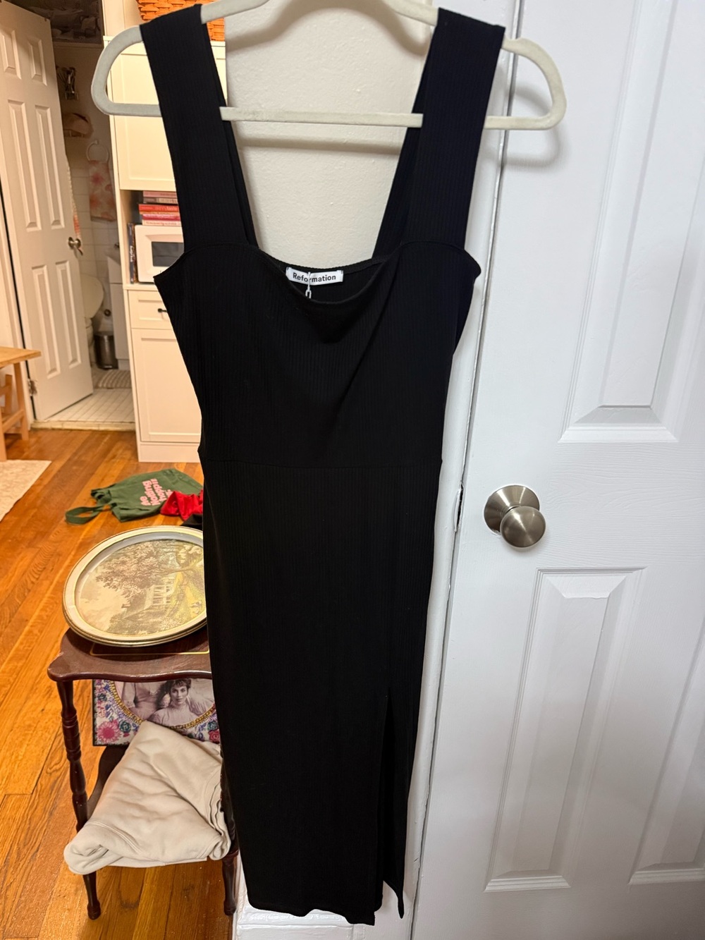 Reformation Black Ribbed Square-Neck Midi Dress